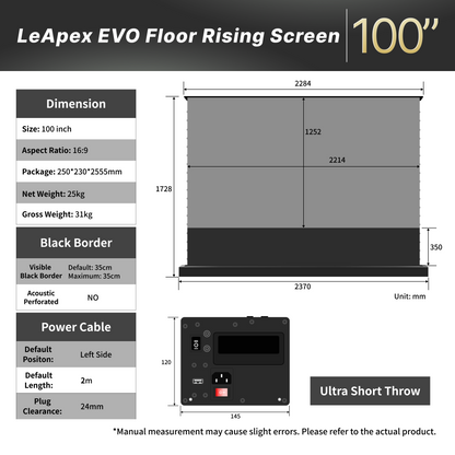 Size chart of WUPRO Cinema LeApex EVO 100 inch motorized floor rising UST screens