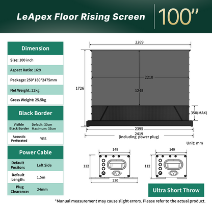 Dimensions and size chart for WUPRO 100 inch LeApex motorized floor rising projector screens.