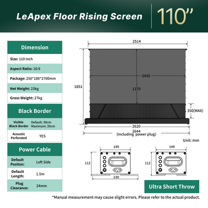 Dimensions and size chart for WUPRO 110 inch LeApex motorized floor rising projector screens.