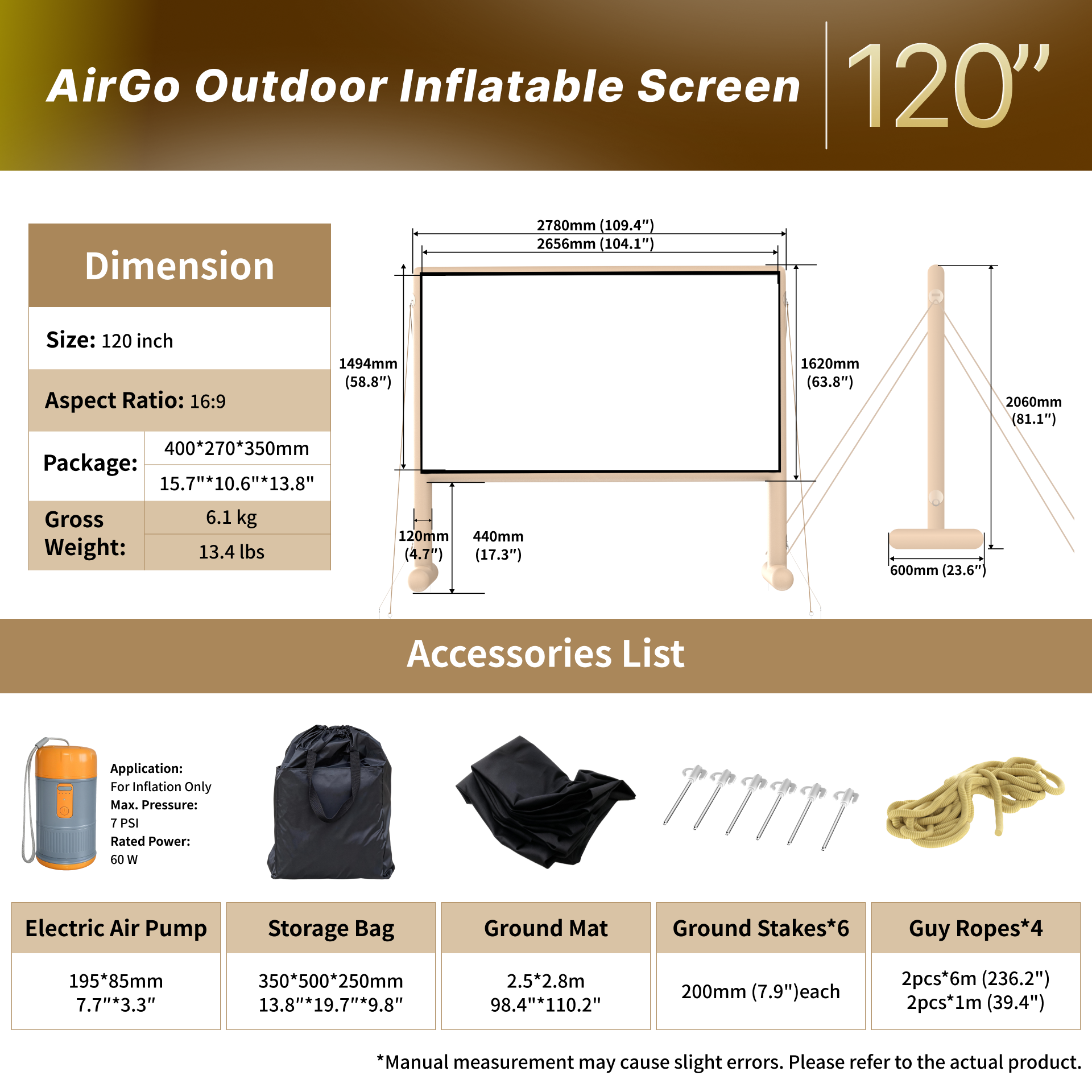 WUPRO AIRGO inflatable outdoor screen dimensions and size chart 120 inch