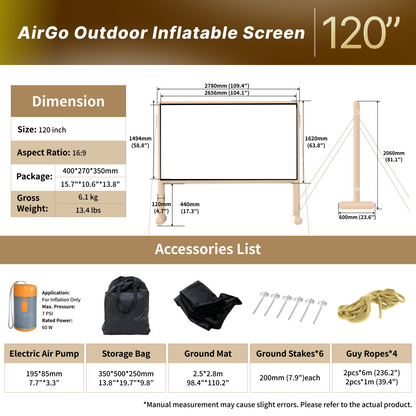 WUPRO AIRGO inflatable outdoor screen dimensions and size chart 120 inch