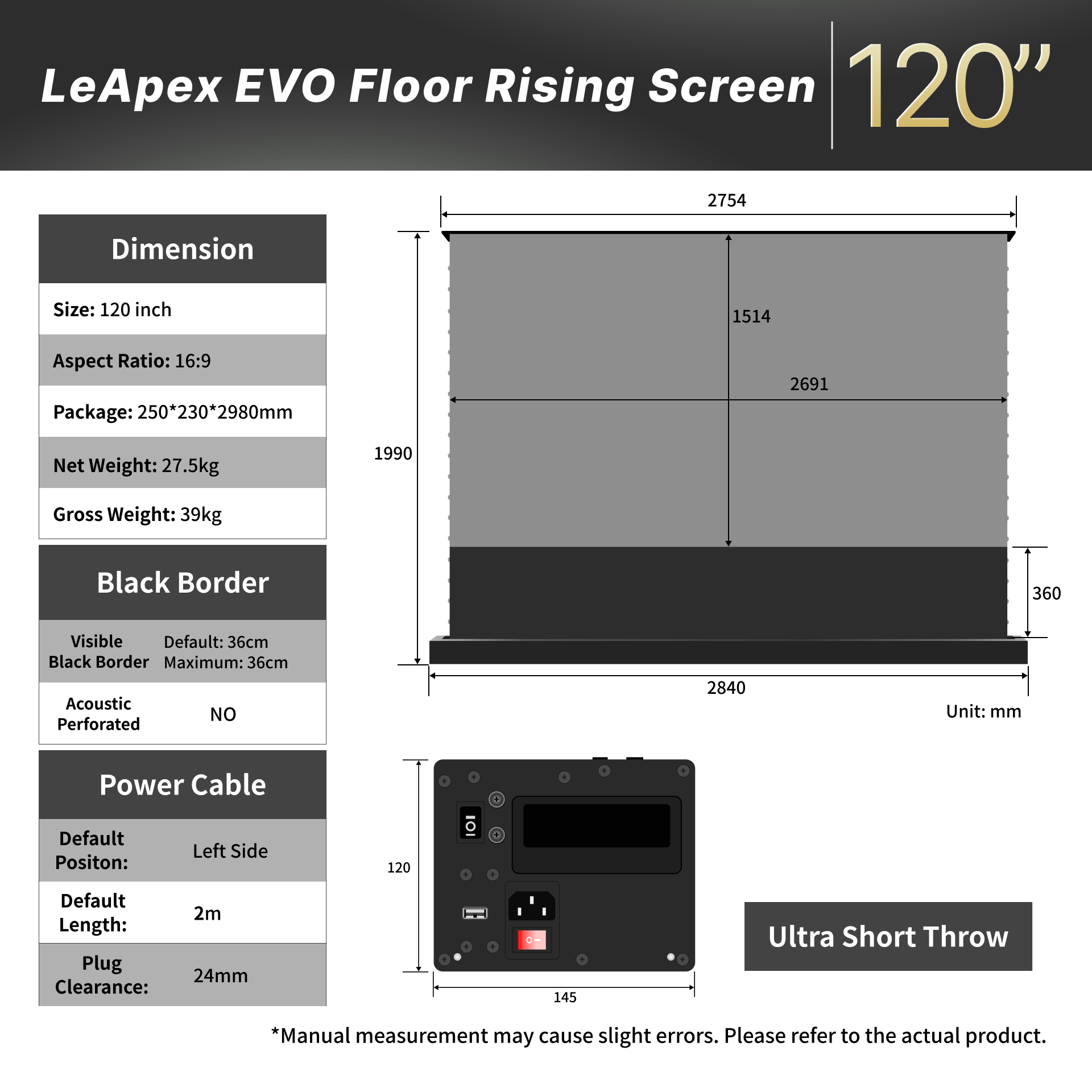Size chart of WUPRO Cinema LeApex EVO 120 inch motorized floor rising UST screens