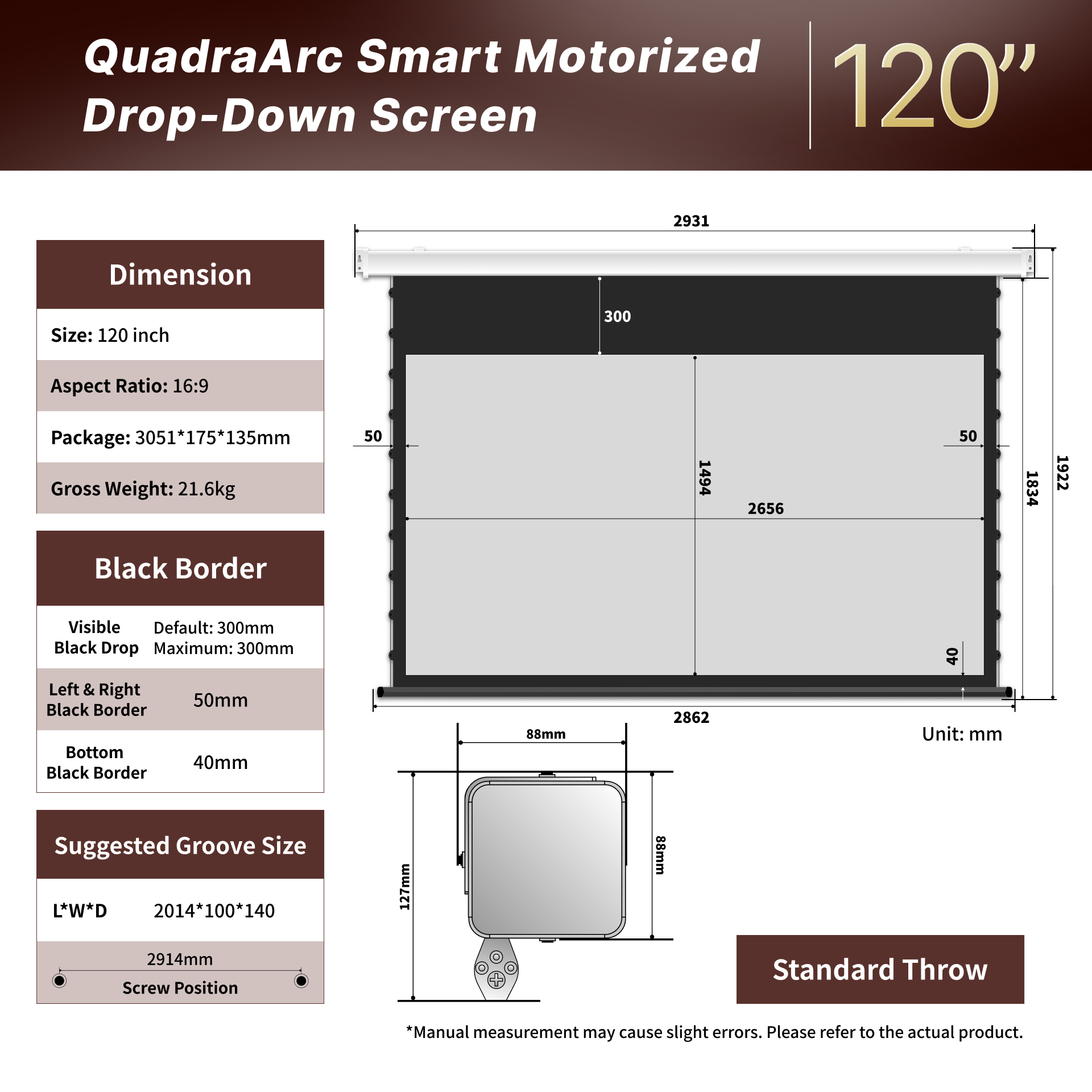 WUPRO Cinema QuadraArc ALR Écran motorisé à projection frontale et arrière, noir cristal