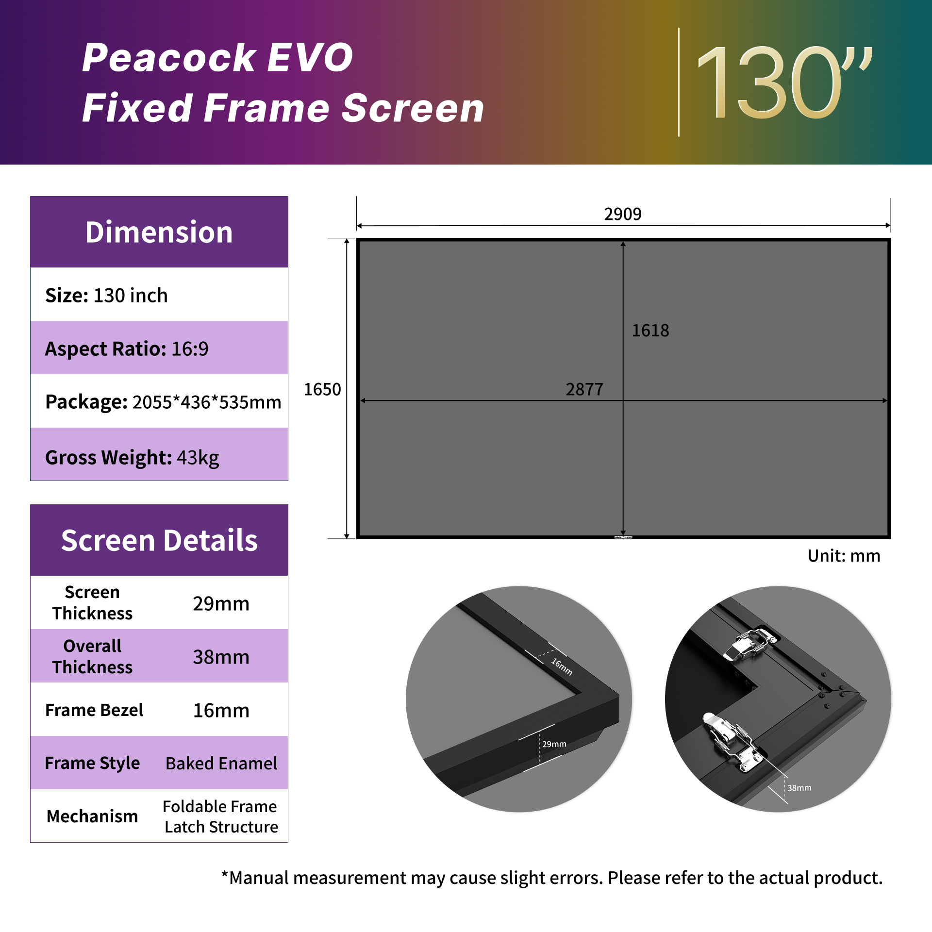 Écran de projection WUPRO Cinema 150 pouces sans raccord, à cadre fixe, Fresnel, ALR Peacock Evo