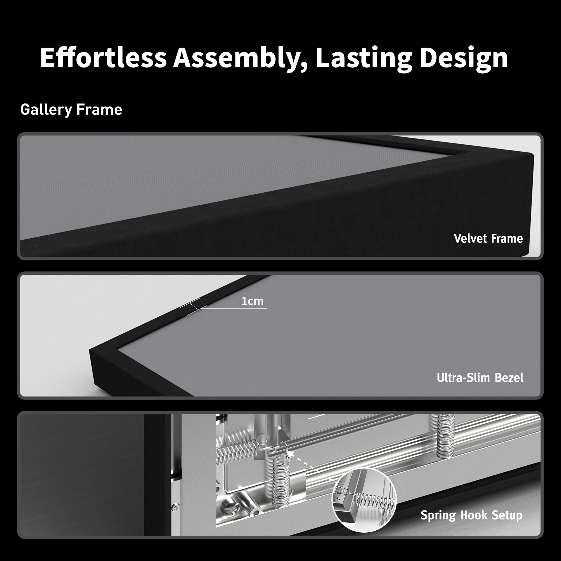 Close-up of the premium aluminum fixed frame structure and tensioning of Gallery