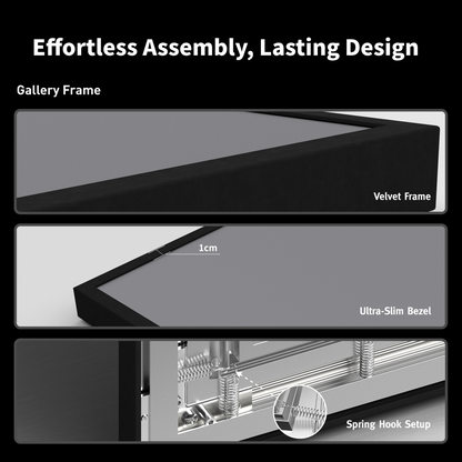 Close-up of the premium aluminum fixed frame structure and tensioning of Gallery