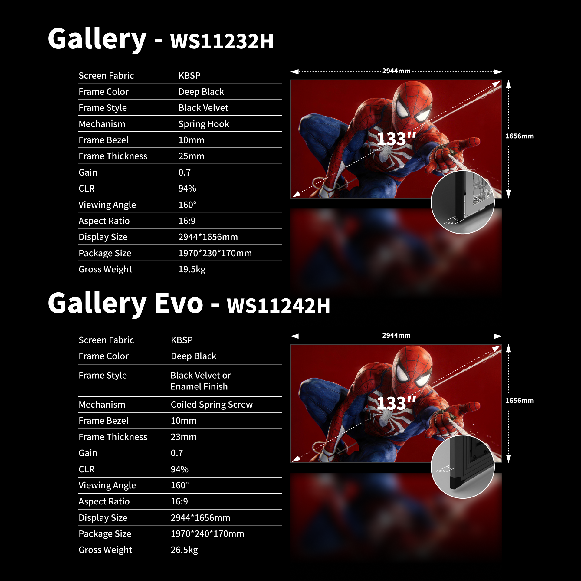 WUPRO 133-inch Gallery fixed frame projector screen dimensions and size chart