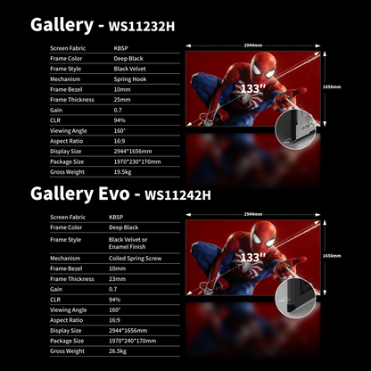 WUPRO 133-inch Gallery fixed frame projector screen dimensions and size chart