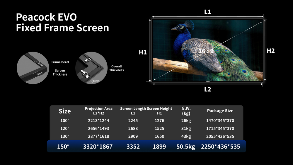 WUPRO Cinema 150 Zoll NAHTLOSER Peacock Evo ALR Festrahmen-Leinwand Fresnel