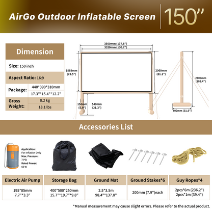 WUPRO AIRGO inflatable outdoor screen dimensions and size chart 150 inch