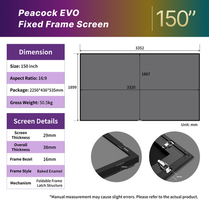 Écran de projection WUPRO Cinema 150 pouces sans raccord, à cadre fixe, Fresnel, ALR Peacock Evo