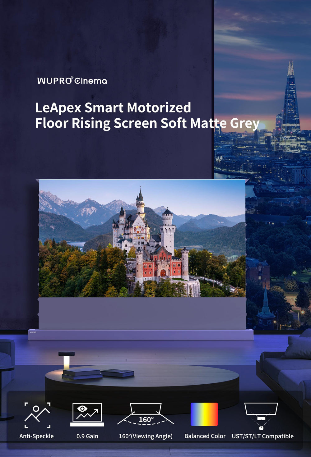 WUPRO Cinema LeApex Smart Motorisierte Boden-Hebeleinwand, weiches Mattgrau