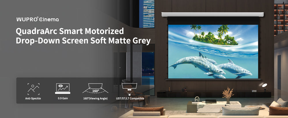 Pantalla de proyección desplegable, motorizada e inteligente, WUPRO Cinema QuadraArc, gris mate suave