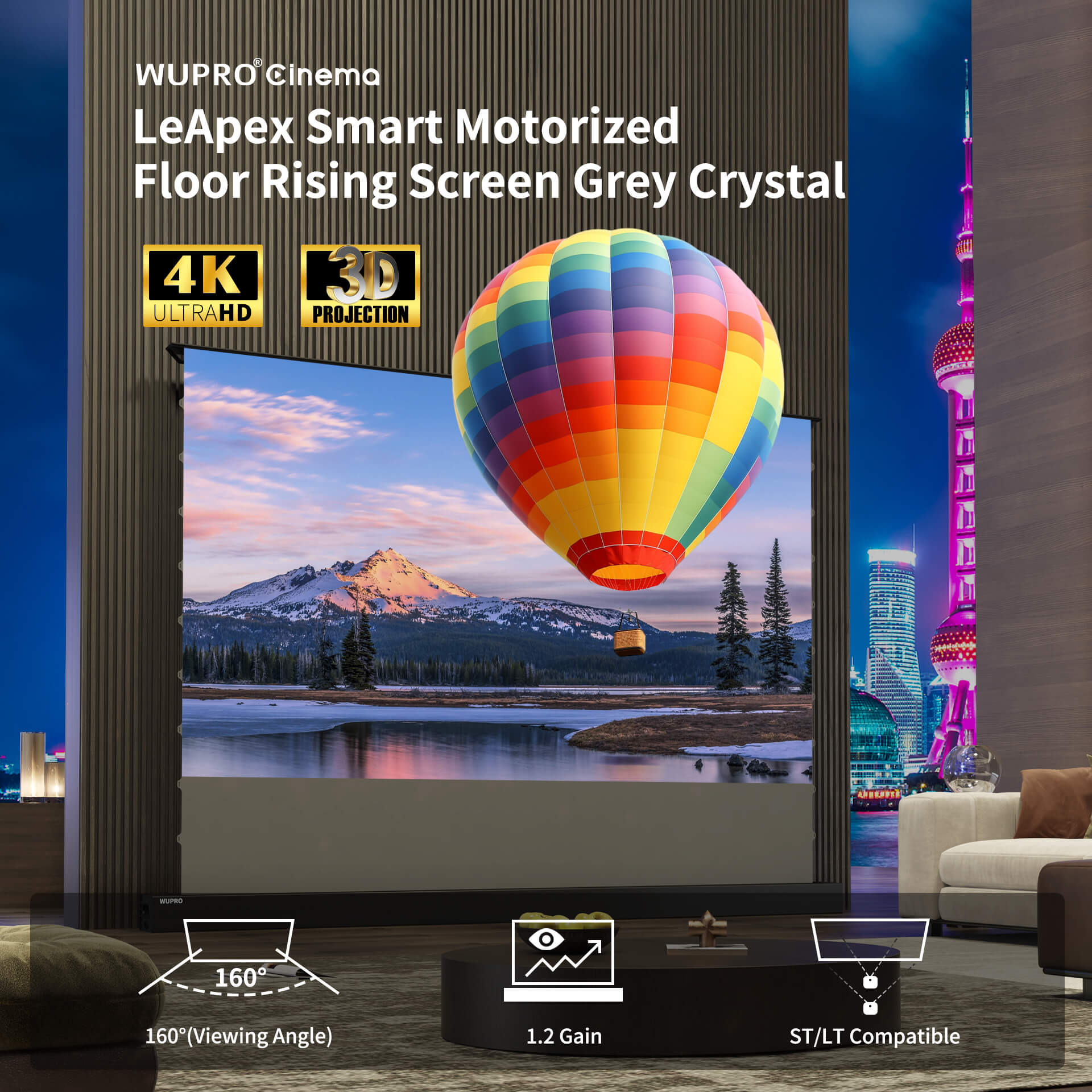 WUPRO Cinema LeApex Smart Motorized Floor Rising Screen Grey Crystal