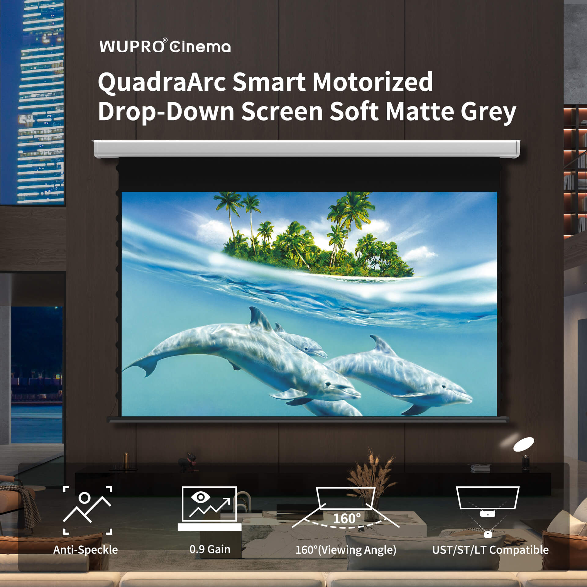 WUPRO Cinema QuadraArc Smart Motorized Drop-Down Screen Soft Matte Grey