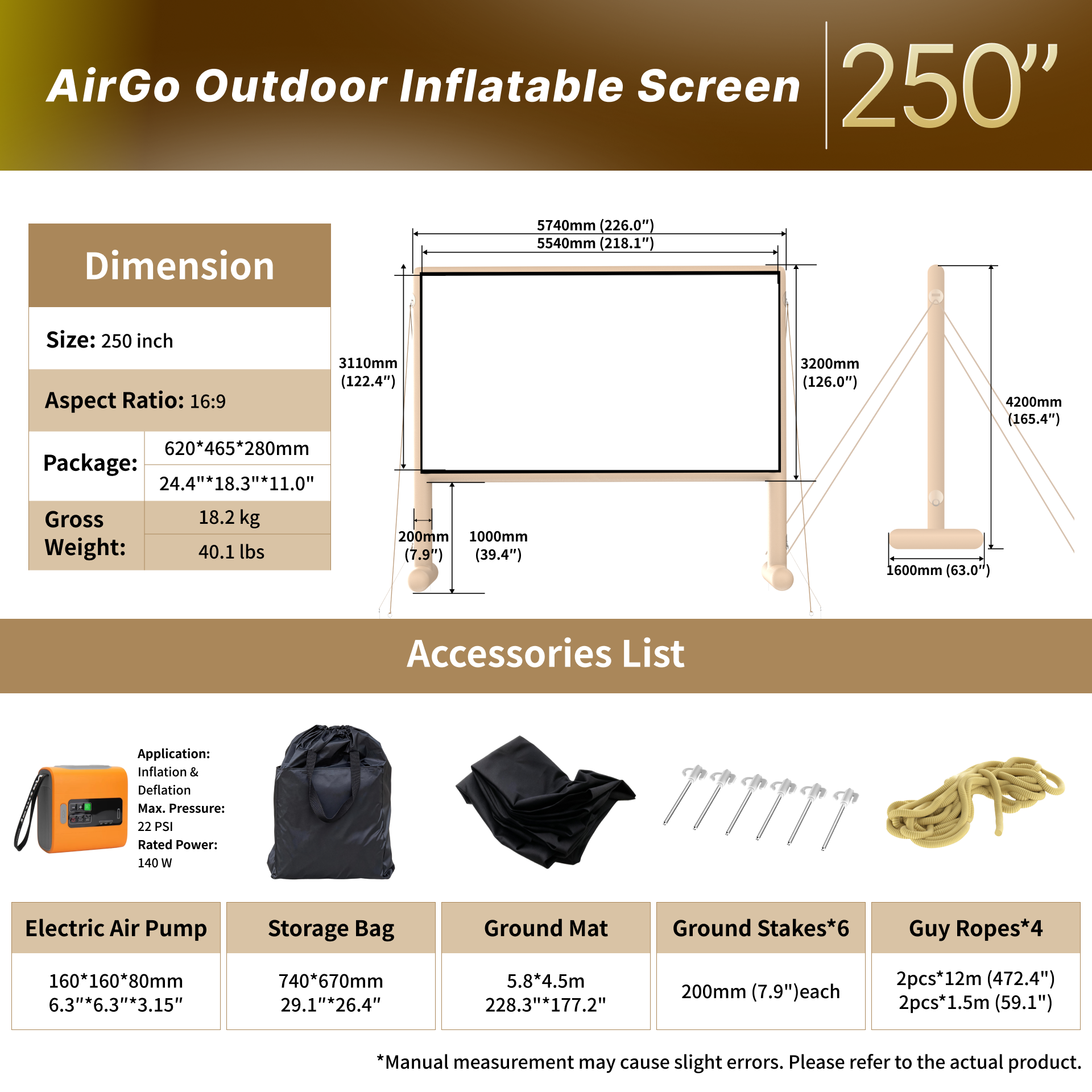 WUPRO AIRGO inflatable outdoor screen dimensions and size chart 250 inch