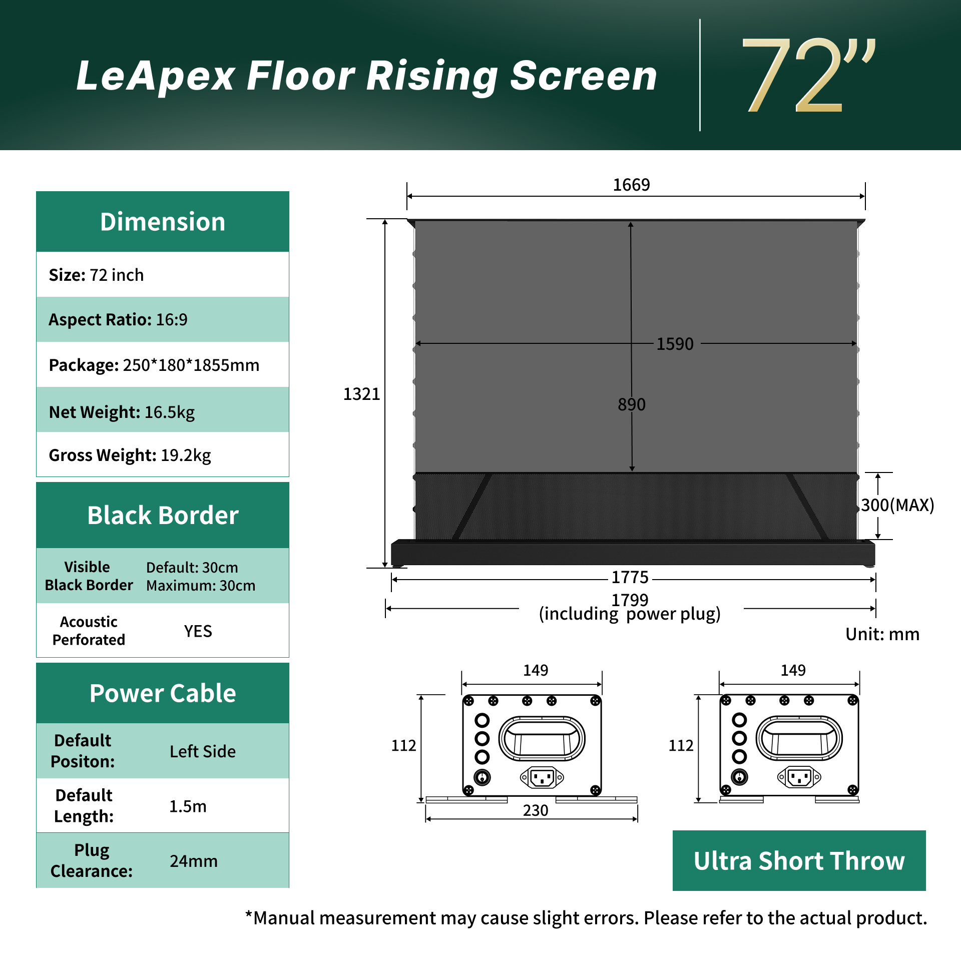 Dimensions and size chart for WUPRO 72 inch LeApex motorized floor rising projector screens.