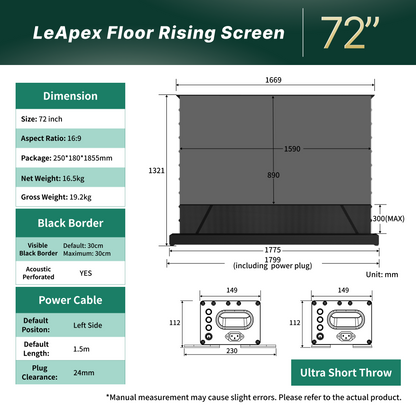 Dimensions and size chart for WUPRO 72 inch LeApex motorized floor rising projector screens.