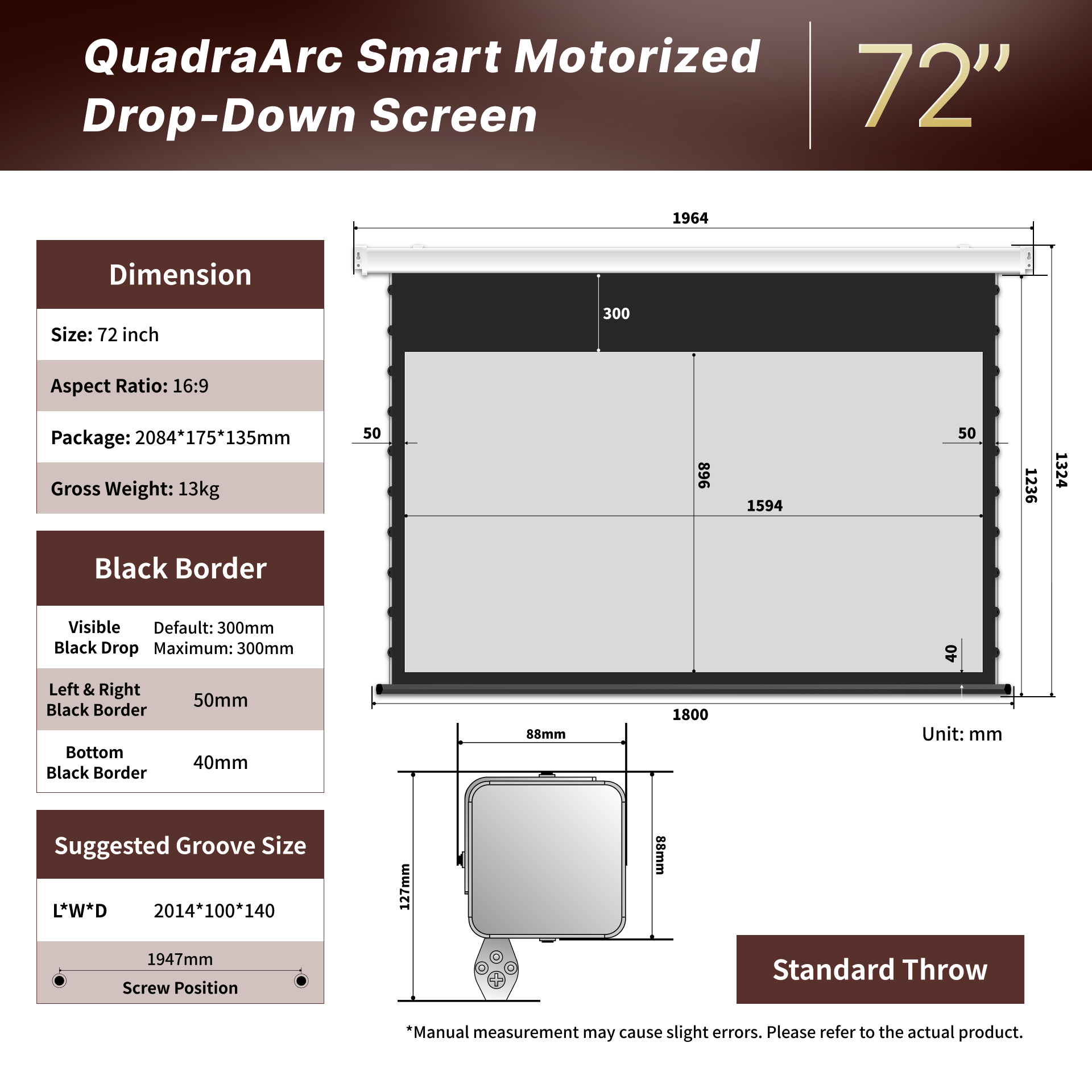 WUPRO Cinema QuadraArc ALR Écran motorisé à projection frontale et arrière, noir cristal
