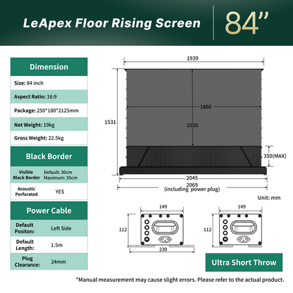 Dimensions and size chart for WUPRO 84 inch LeApex motorized floor rising projector screens.