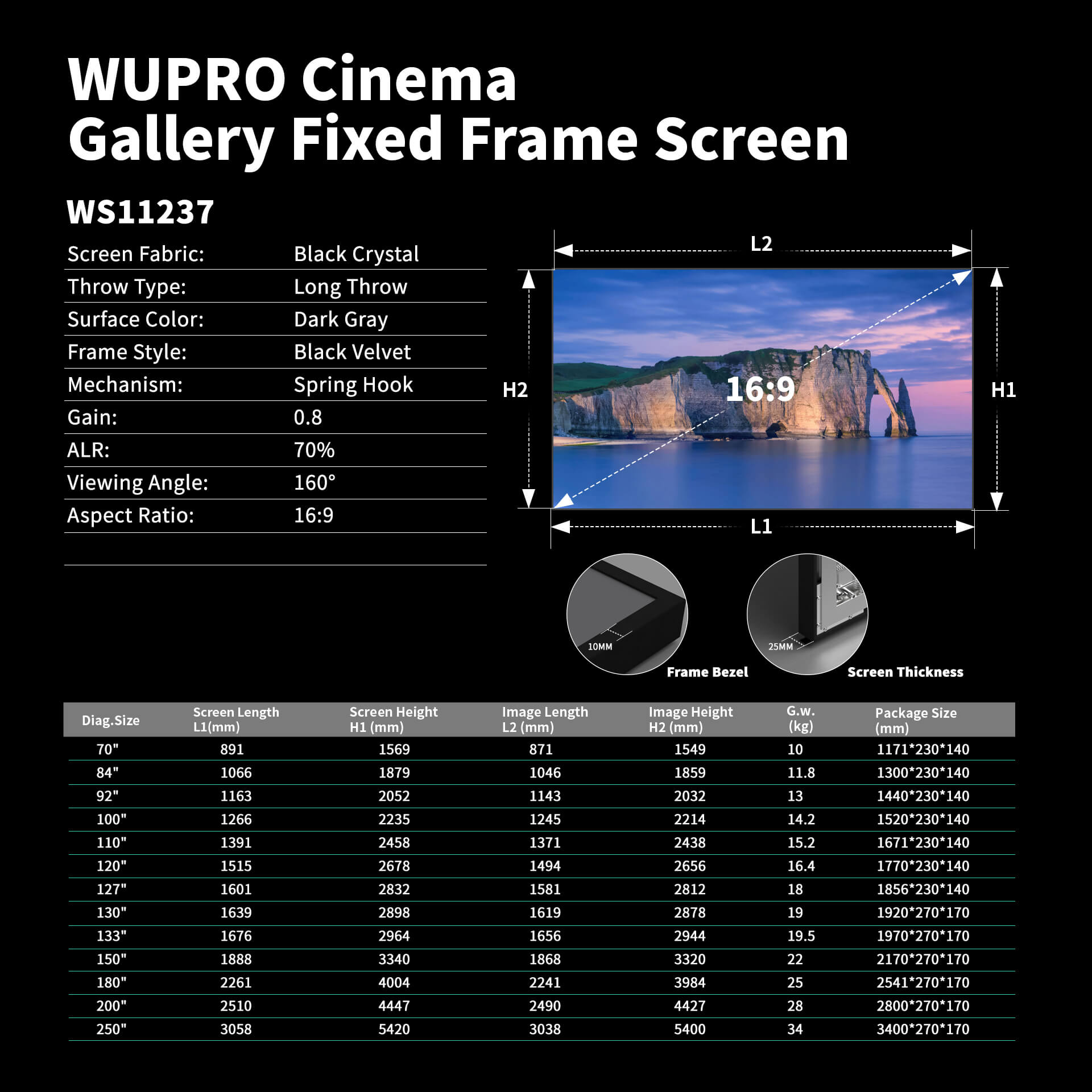 WUPRO Cinema Gallery ALR Écran à cadre fixe Black Crystal