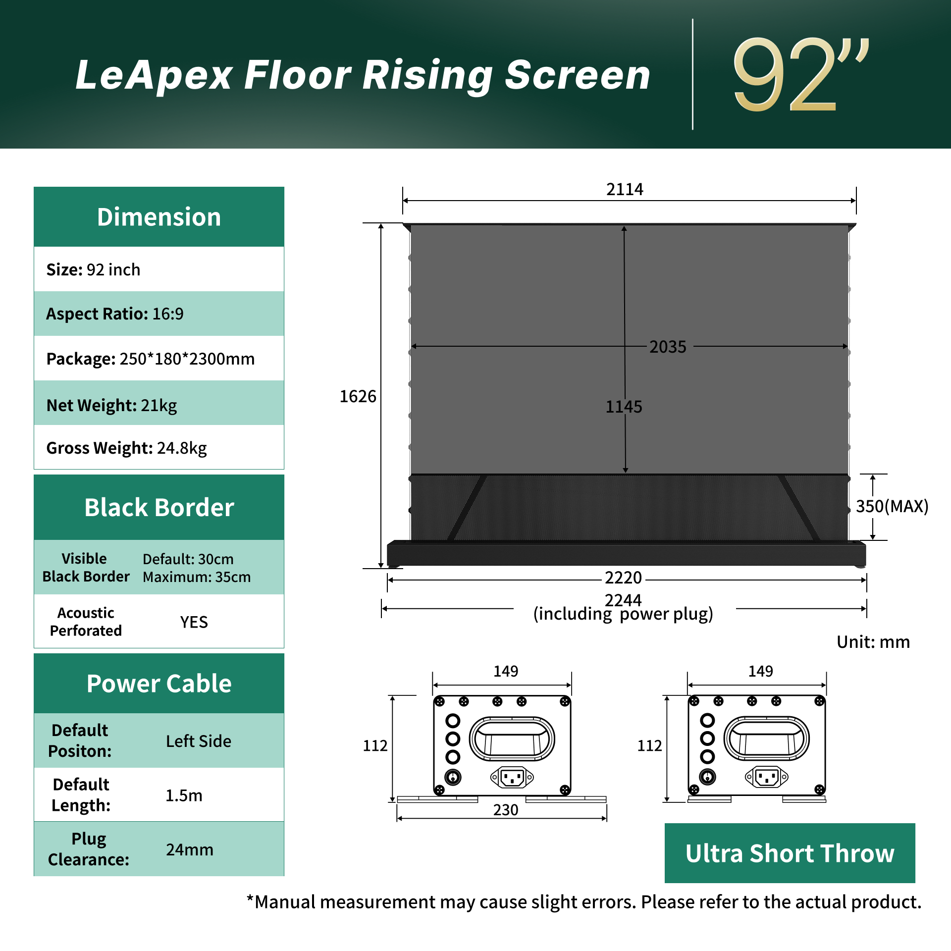 Dimensions and size chart for WUPRO 92 inch LeApex motorized floor rising projector screens.