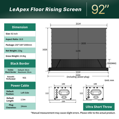 Dimensions and size chart for WUPRO 92 inch LeApex motorized floor rising projector screens.