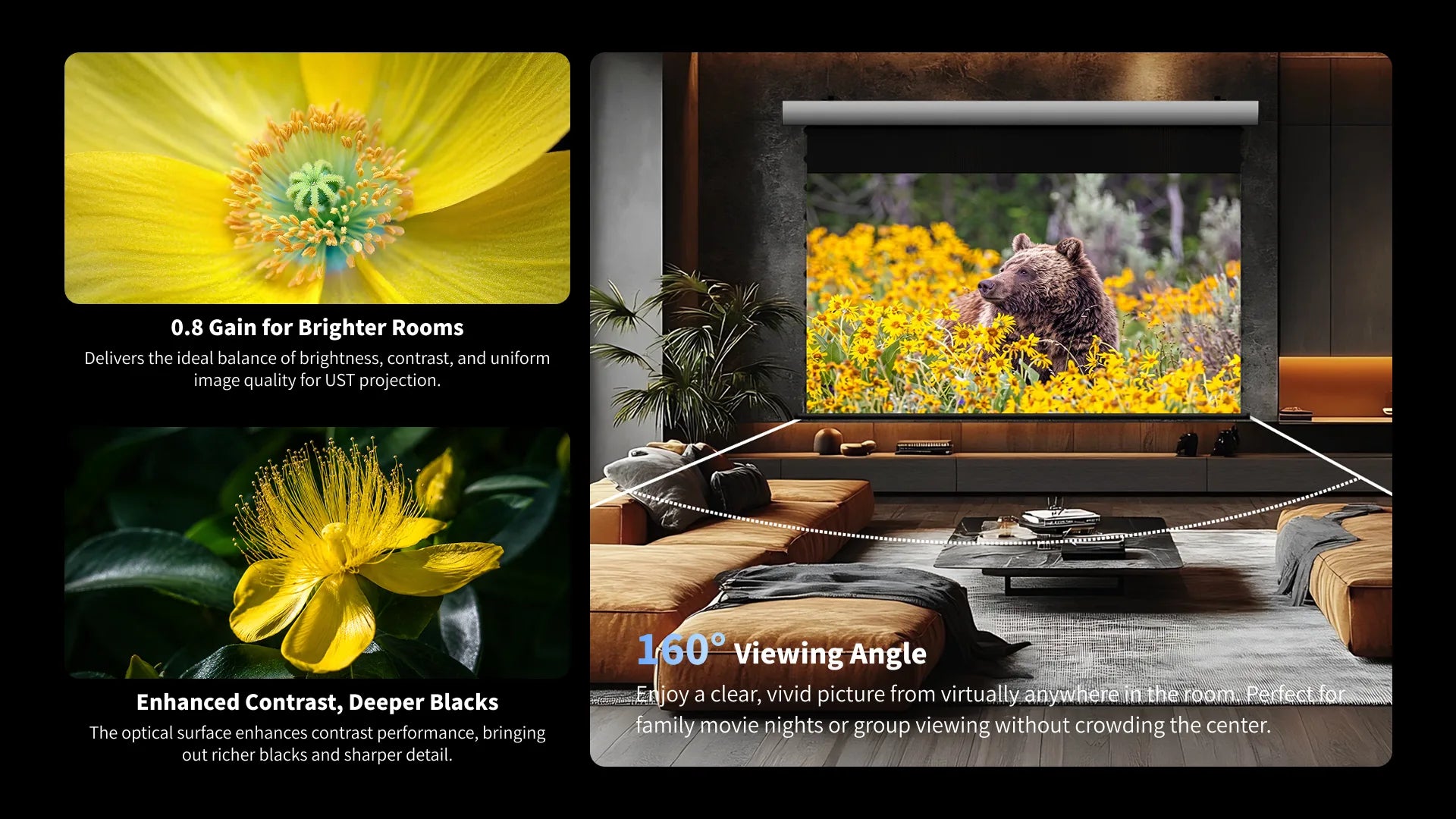FlowArc Lenticular UST CLR ALR drop-down screen with 0.8 gain, 160 degree viewing angle, high contrast and vivid color reproduction