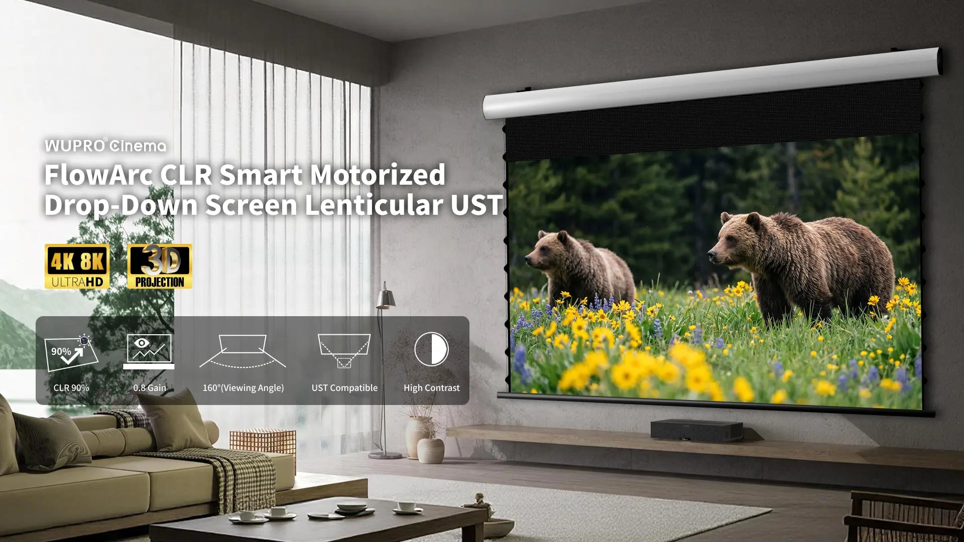 FlowArc Lenticular UST CLR ALR drop-down screen from 70 to 150 inches, with seamless size up to 150 inches, designed for UST projectors and up to 90% ceiling light rejection.