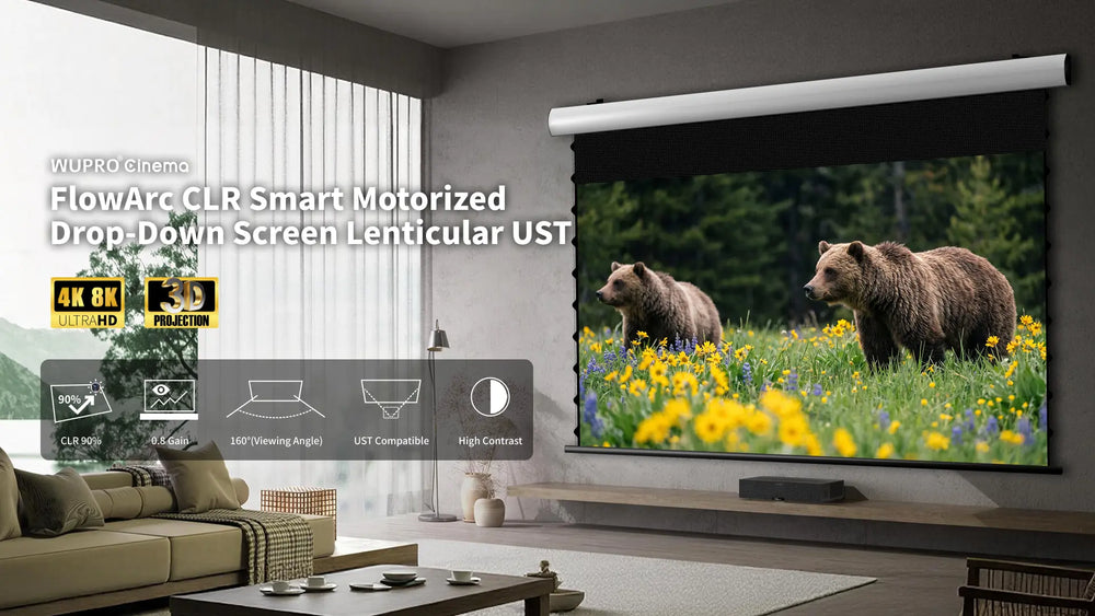 FlowArc Lenticular UST CLR ALR drop-down screen from 70 to 150 inches, with seamless size up to 150 inches, designed for UST projectors and up to 90% ceiling light rejection.