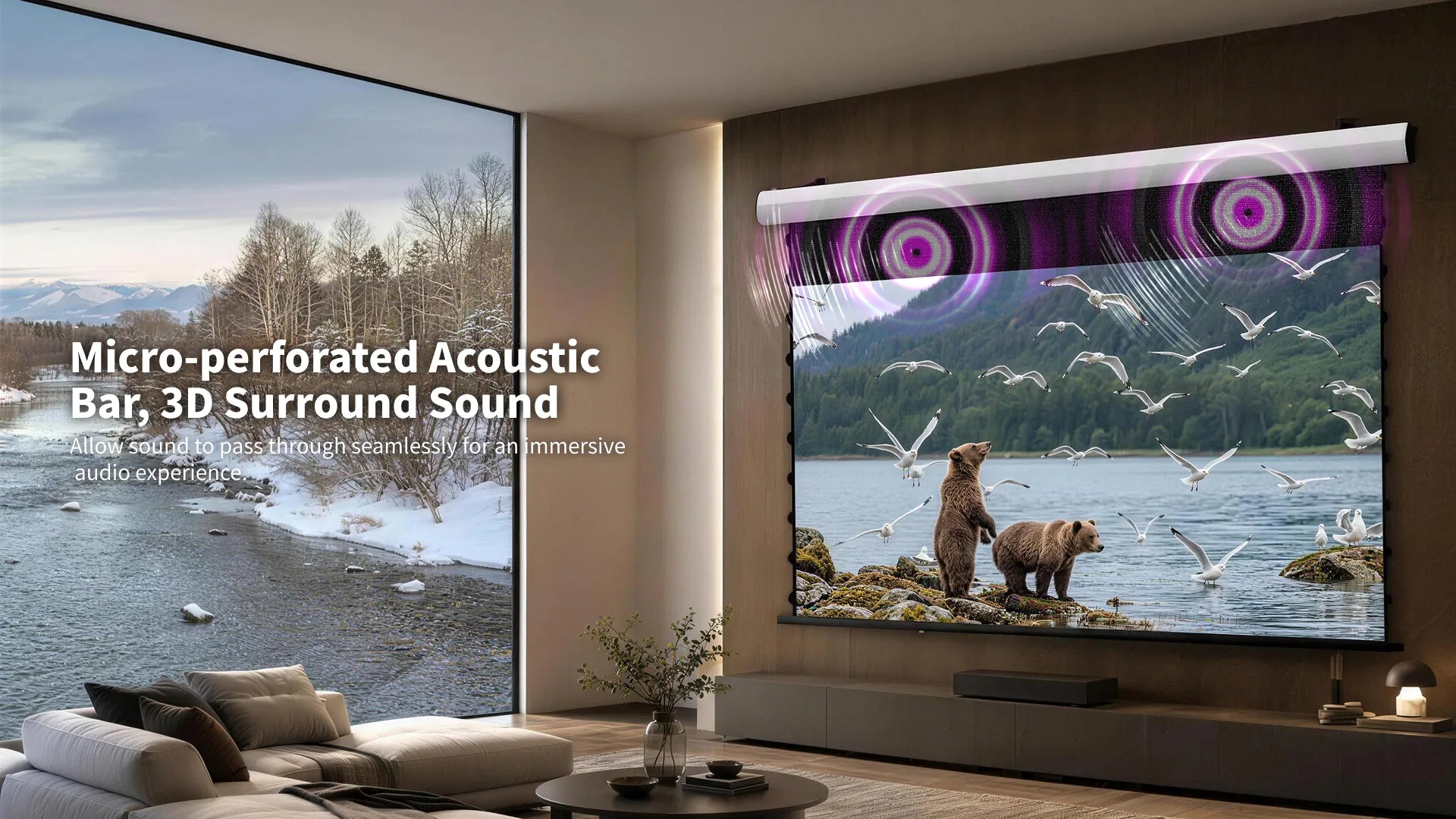 FlowArc Lenticular UST CLR ALR drop-down screen with perforated acoustic black drop for sound transmission