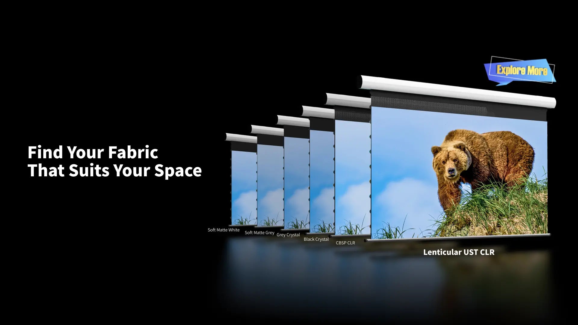 lowArc smart drop-down screen with multiple screen material options including Black Crystal, Grey Crystal, Soft Matte Grey, Soft Matte White, CBSP and new Lenticular UST