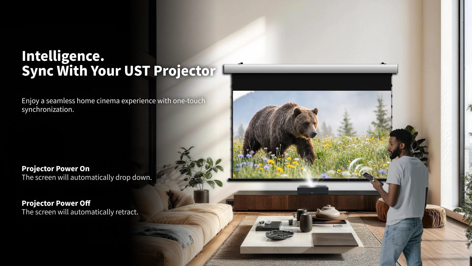 FlowArc Lenticular UST CLR ALR drop-down screen with USB trigger for automatic projector-linked operation