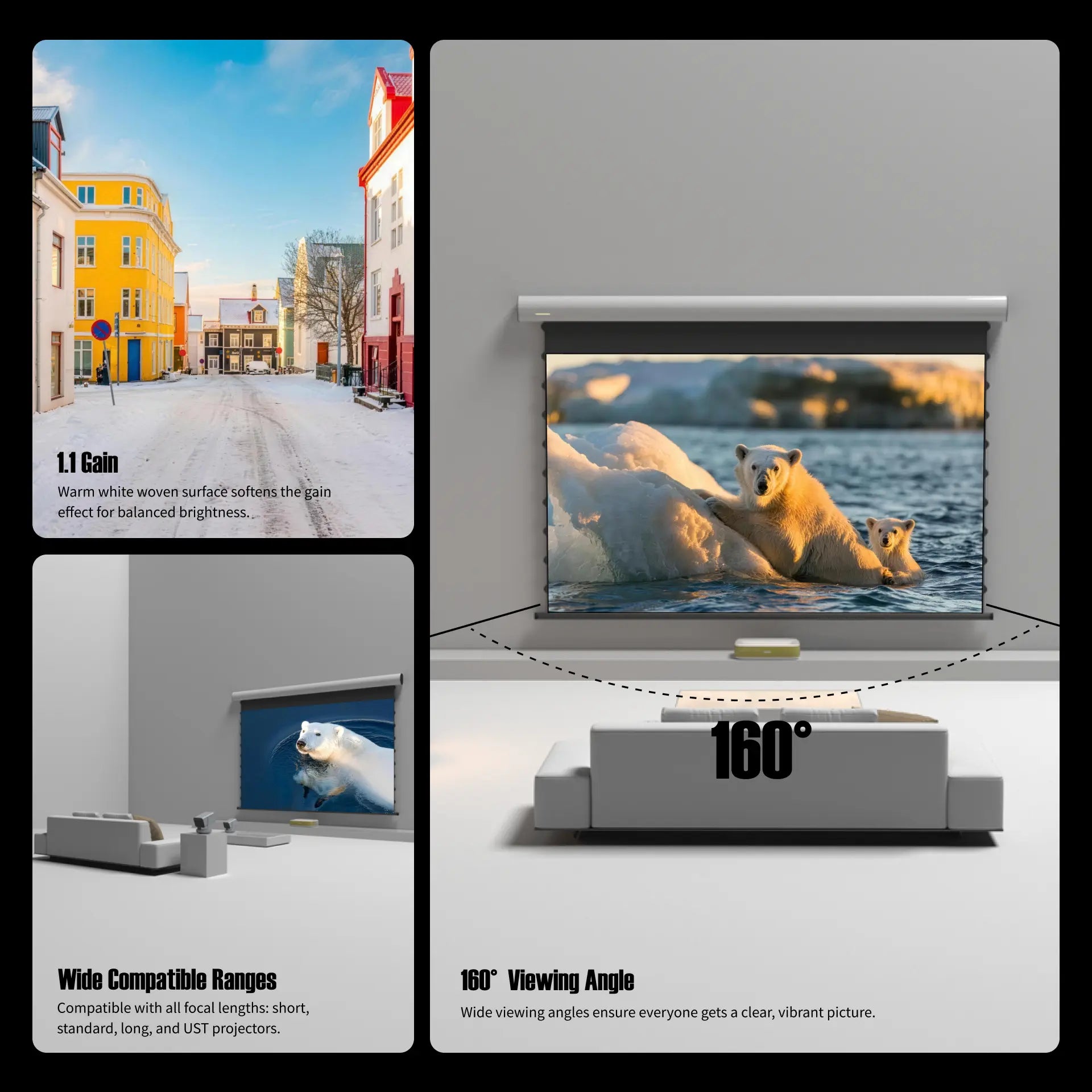FlowArc woven acoustically transparent drop-down screen with 1.1 gain and 160 degree wide viewing angle for different projector setups