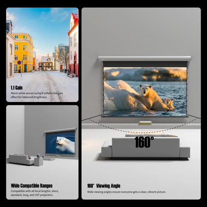 FlowArc woven acoustically transparent drop-down screen with 1.1 gain and 160 degree wide viewing angle for different projector setups
