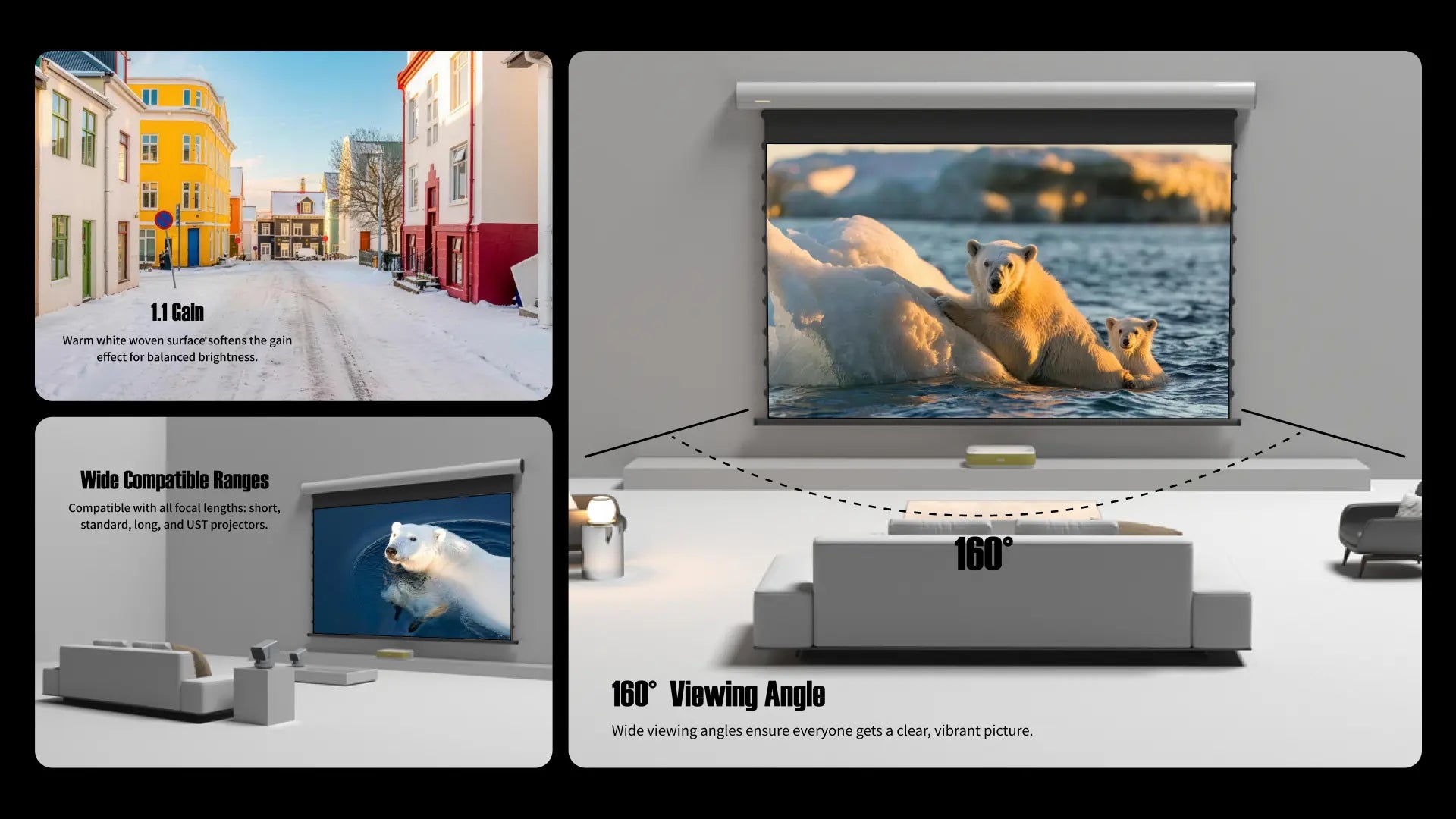 FlowArc woven acoustically transparent drop-down screen with 1.1 gain and 160 degree wide viewing angle for different projector setups