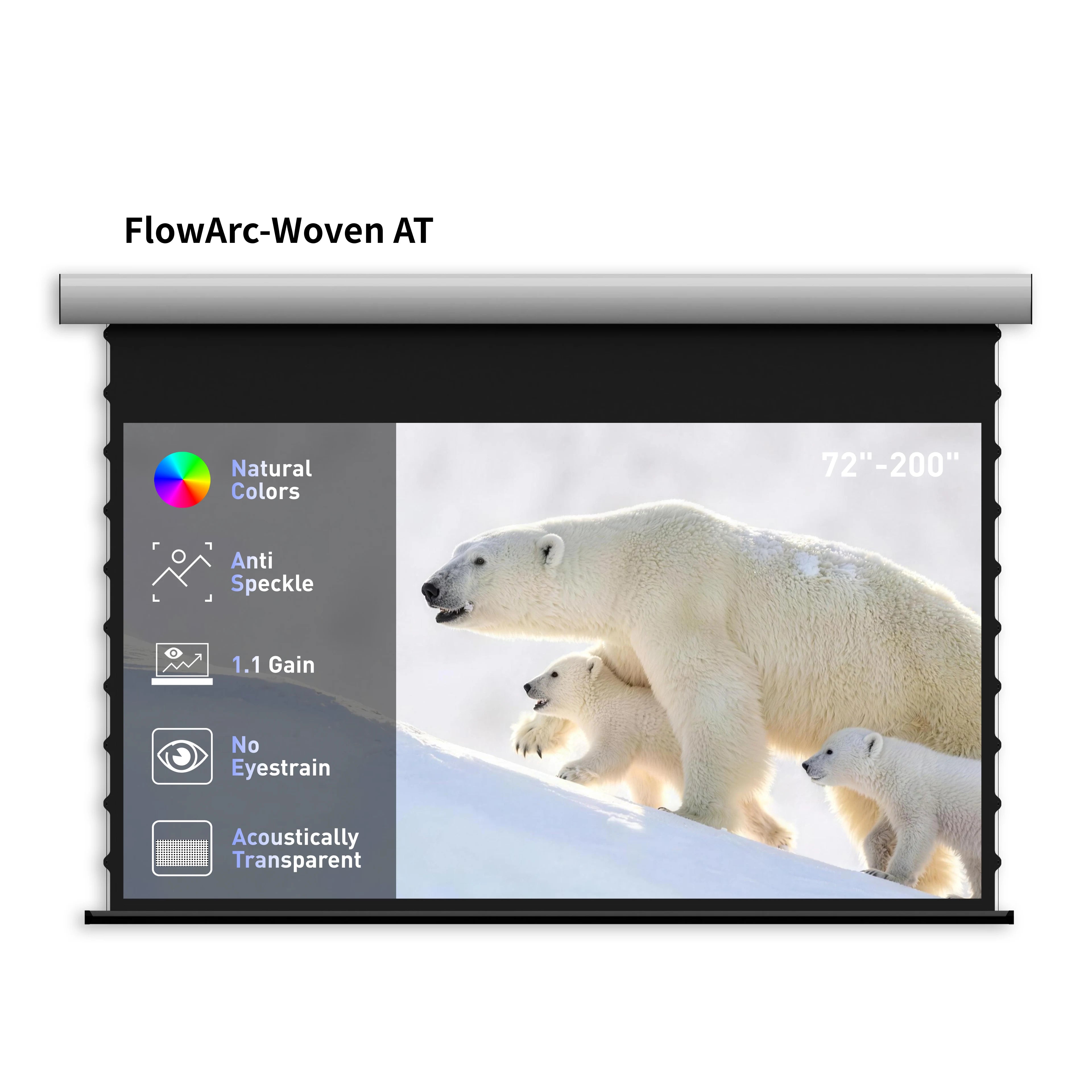 WUPRO FlowArc woven acoustically transparent drop-down screen with new 4K woven fabric, available in 70-200 inch sizes
