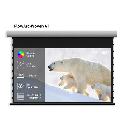 WUPRO FlowArc woven acoustically transparent drop-down screen with new 4K woven fabric, available in 70-200 inch sizes