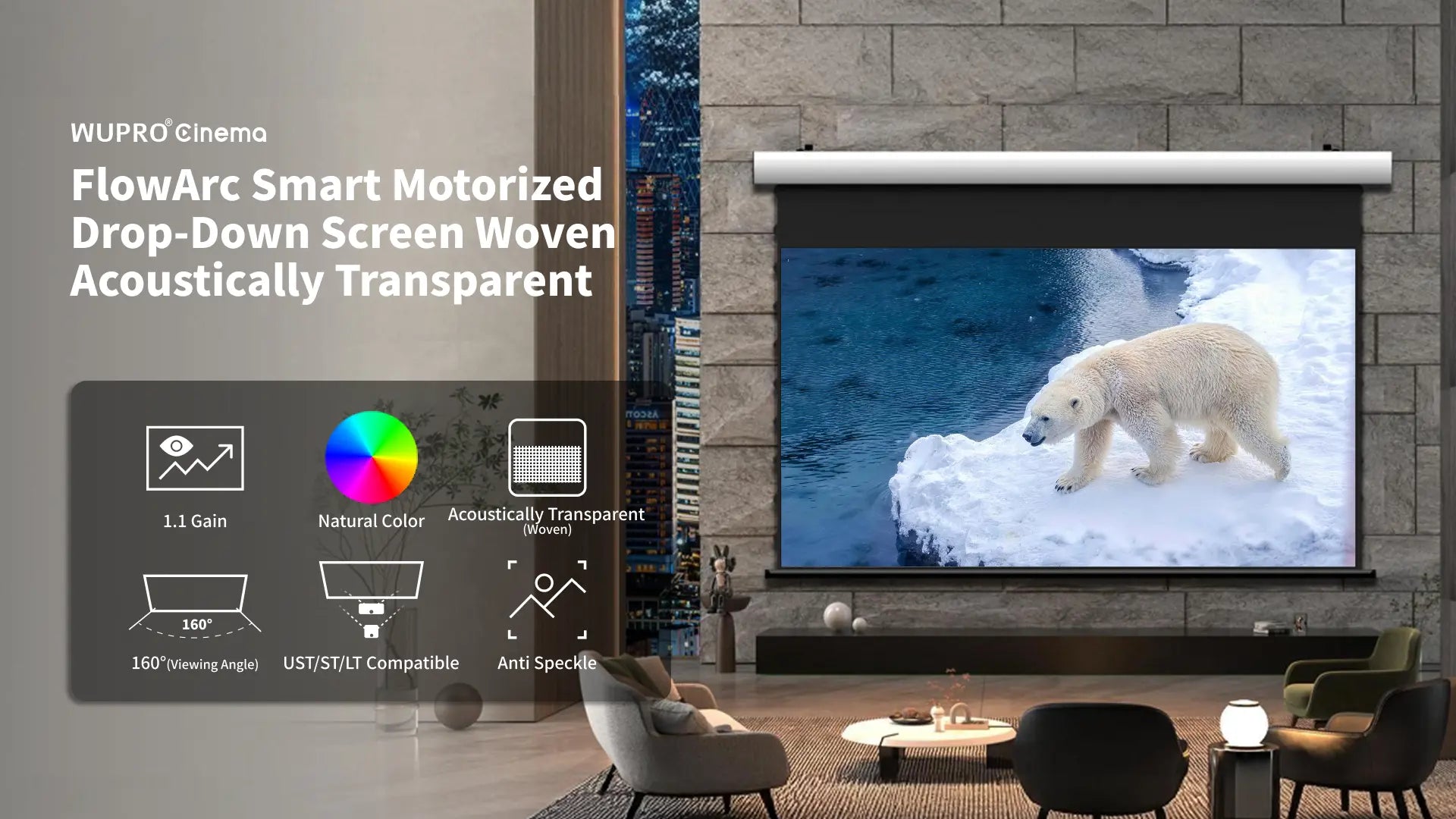 WUPRO FlowArc woven acoustically transparent drop-down screen with new 4K woven fabric, available in 70-200 inch sizes for RGB laser projectors