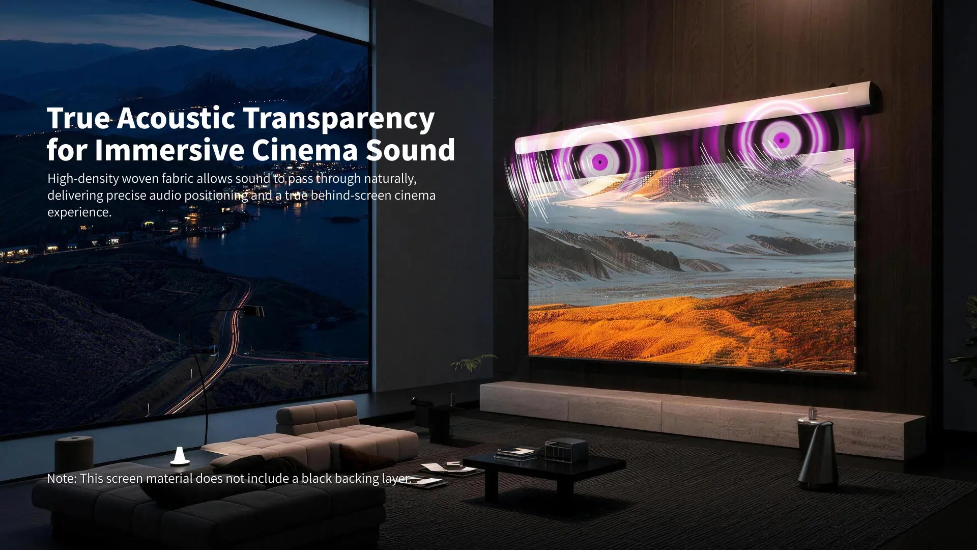 FlowArc woven acoustically transparent drop-down screen using acoustic transparent woven material for behind-screen speaker placement