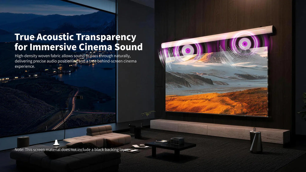 FlowArc woven acoustically transparent drop-down screen using acoustic transparent woven material for behind-screen speaker placement