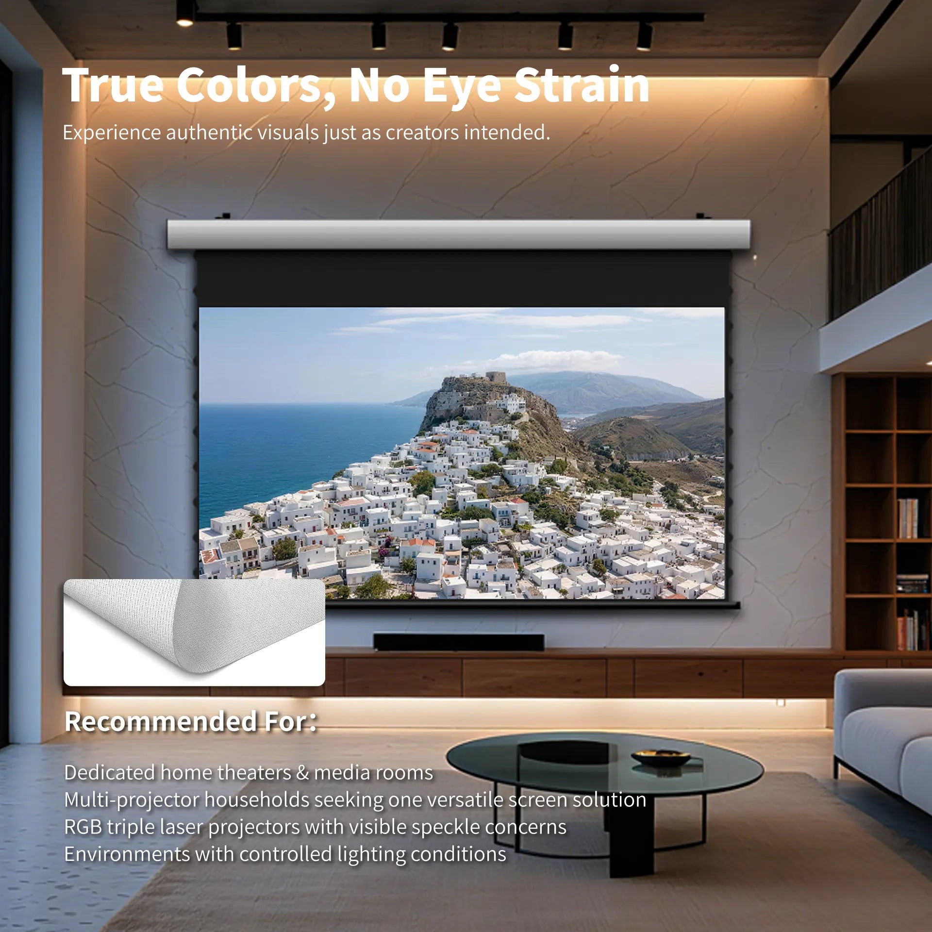 FlowArc woven acoustically transparent drop-down screen with superior anti-speckle performance for RGB laser projectors