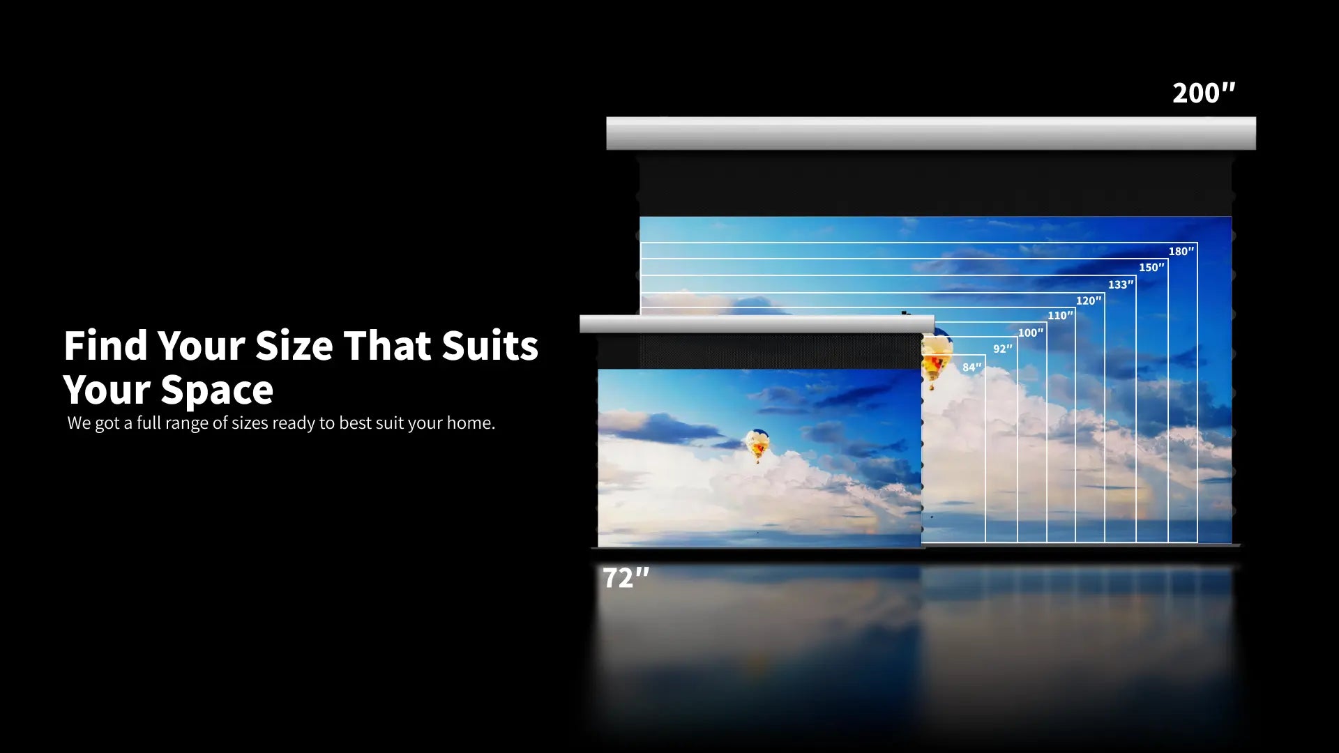 FlowArc woven acoustically transparent drop-down screen available in 72-200 inch sizes with seamless and custom size options