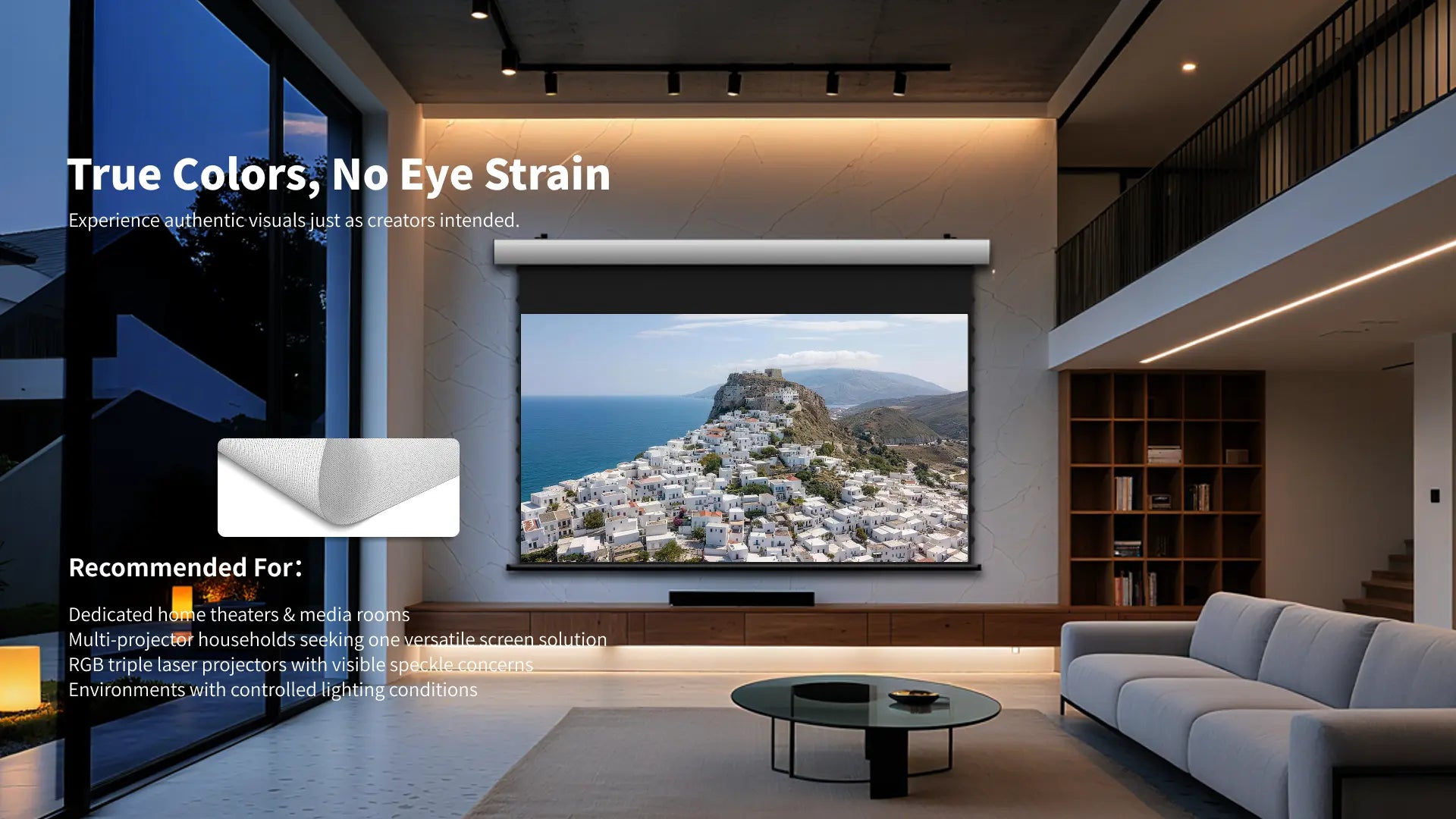 FlowArc woven acoustically transparent drop-down screen delivering sharp details, natural colors, and excellent cinema image quality