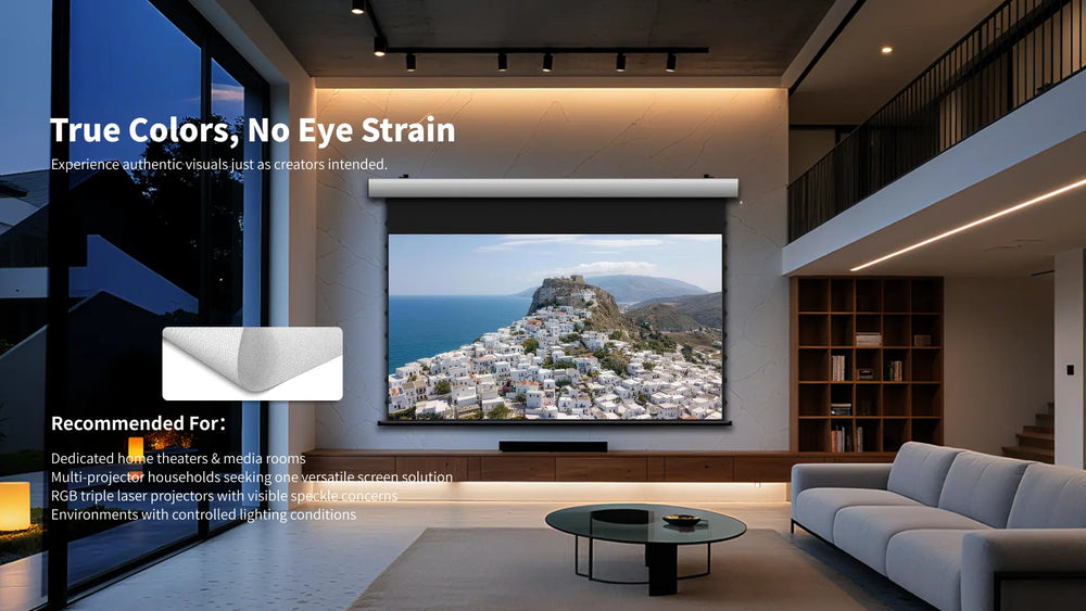 FlowArc woven acoustically transparent drop-down screen delivering sharp details, natural colors, and excellent cinema image quality