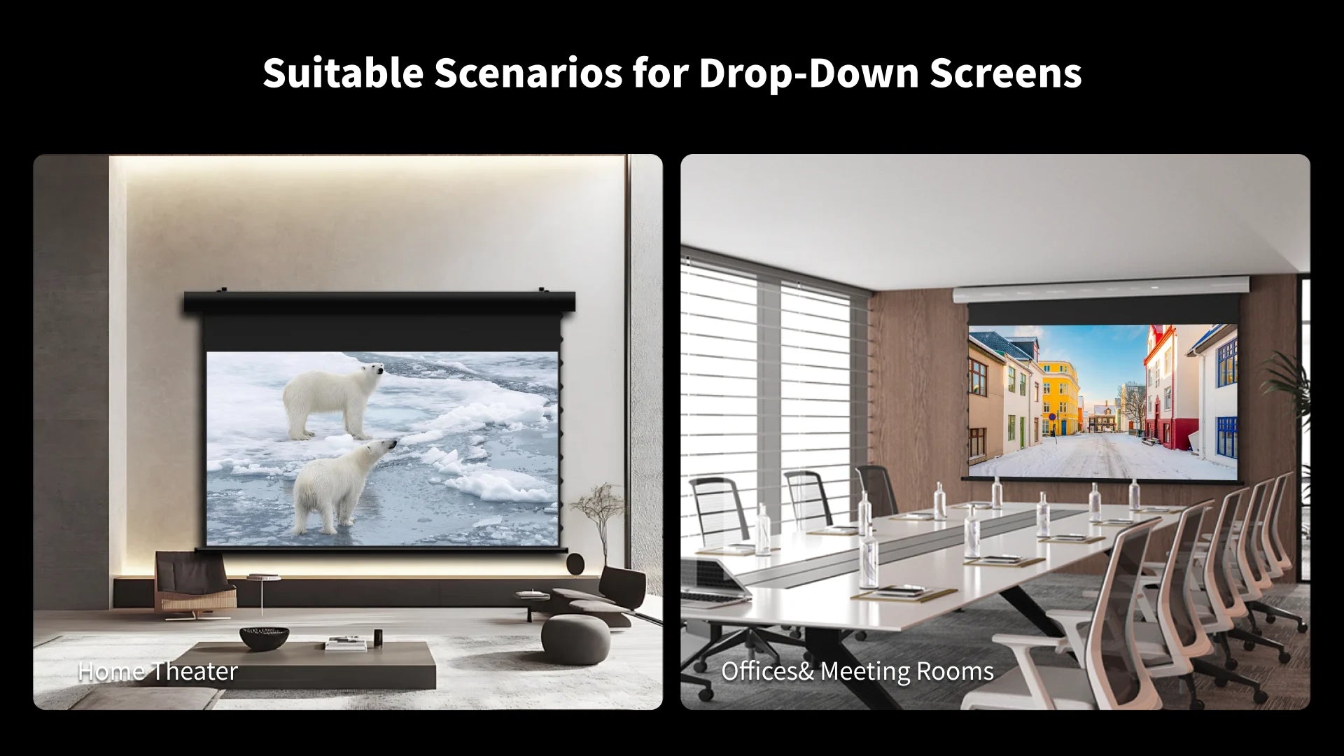FlowArc woven acoustically transparent drop-down screen for home theater, office, and professional projection applications