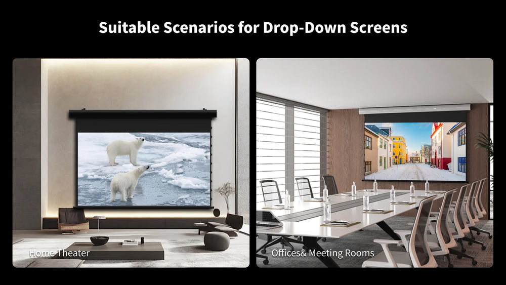 FlowArc woven acoustically transparent drop-down screen for home theater, office, and professional projection applications
