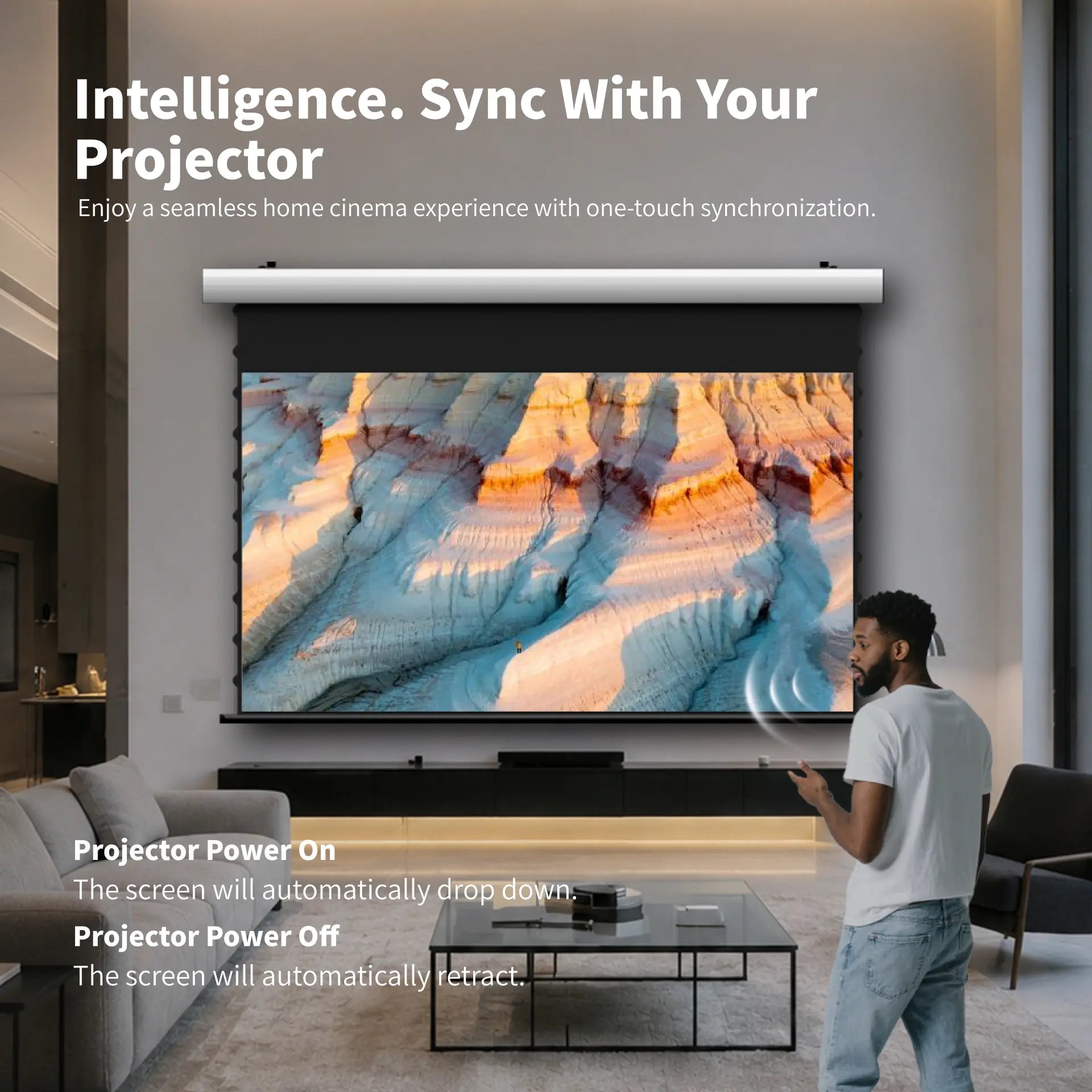 FlowArc woven acoustically transparent drop-down screen with USB trigger function for automatic projector synchronization
