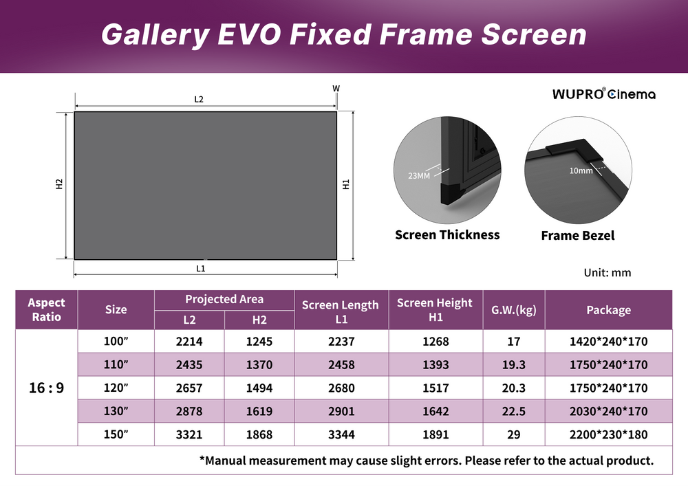 WUPRO Cinema Gallery EVO CBSP PET Crystal UST fixed frame screen size chart