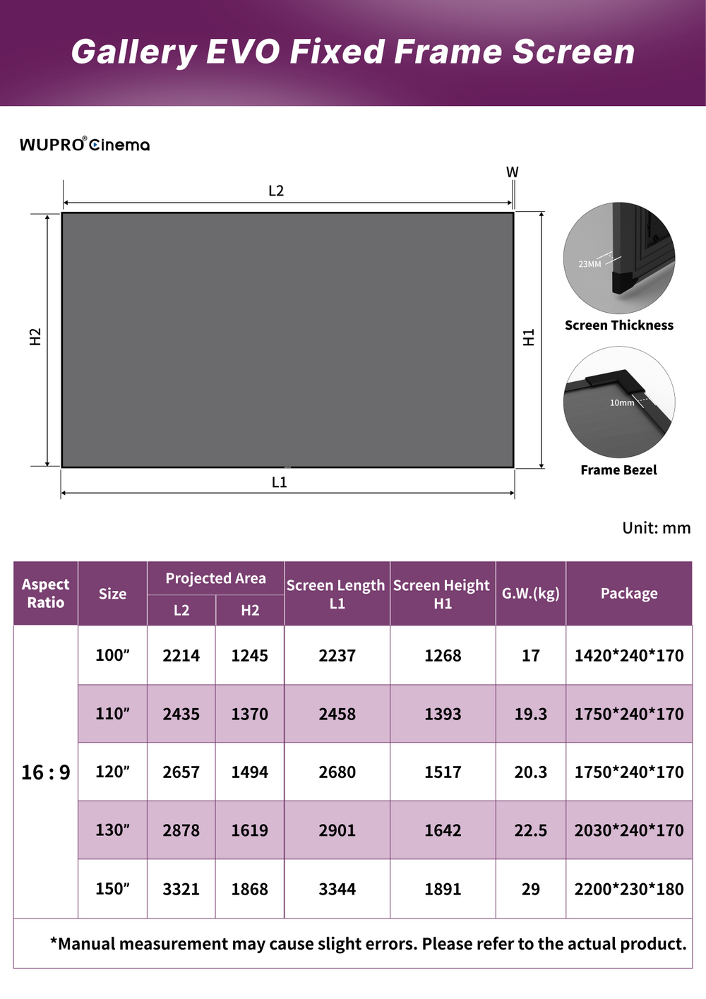 WUPRO Cinema Gallery EVO CBSP PET Crystal UST fixed frame screen size chart